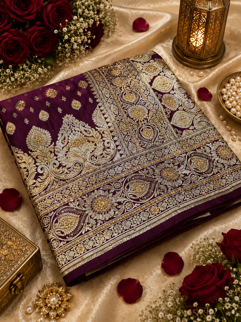 Luxurious Banarasi Silk Saree with rich zari weaving and elegant stone work on the pallu. Comes with an attached blouse piece. Model image is for reference only; slight variation in color and design may occur