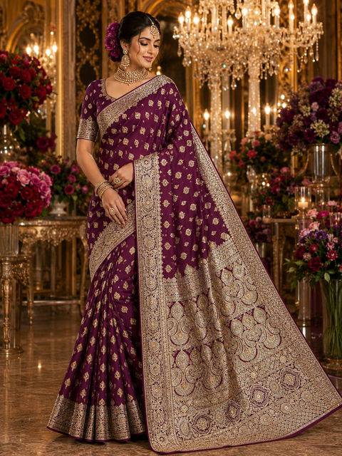Luxurious Banarasi Silk Saree with rich zari weaving and elegant stone work on the pallu. Comes with an attached blouse piece. Model image is for reference only; slight variation in color and design may occur