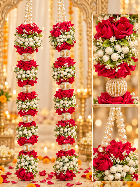 Beautifully Pink Roses with crafted Mogra flowers and pearls Varmala / Jailmala , featuring elegant floral detailing and rich traditional accents. A perfect choice to add a graceful touch to your special wedding ceremony.(comes in one pair)
