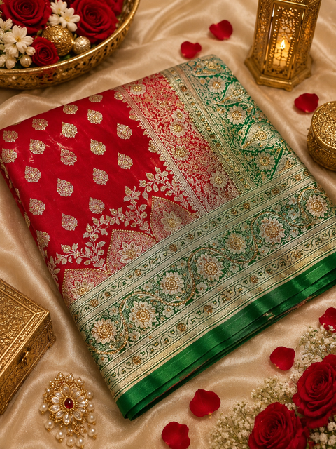 Luxurious Banarasi Silk Saree with rich zari weaving and elegant stone work on the pallu. Comes with an attached blouse piece. Model image is for reference only; slight variation in color and design may occur.