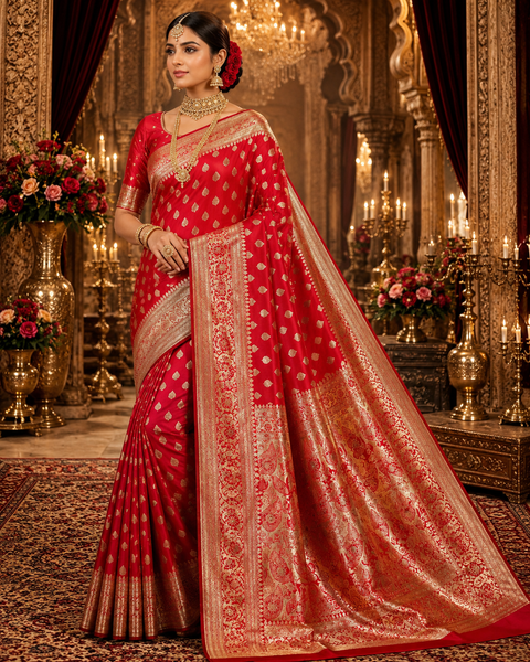 Luxurious Banarasi Silk Saree with rich zari weaving and elegant stone work on the pallu. Comes with an attached blouse piece. Model image is for reference only; slight variation in color and design may occur.