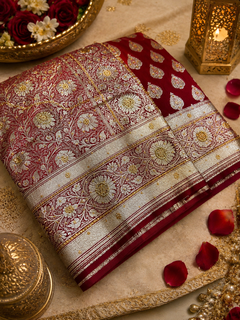 Luxurious Banarasi Silk Saree With Rich Zari Weaving And Elegant Stone Work On The Pallu. Comes With An Attached Blouse Piece. Model Image Is For Reference Only; Slight Variation In Color And Design May Occur.