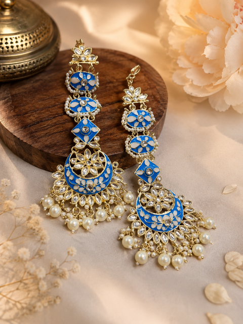 firozi meenakari kundan chandbali earrings with hair attachment(slight variations in color and design is possible)