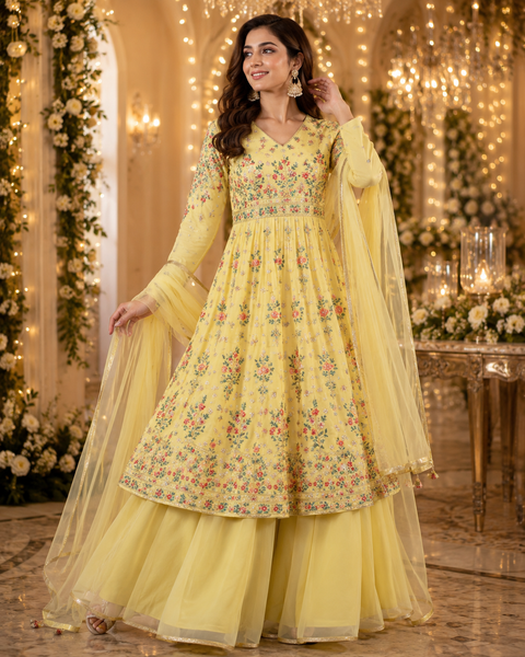 Georgette based sequined and embroidery work kameez with sharara pants and Georgette dupatta (slight variation in color and design is possible)