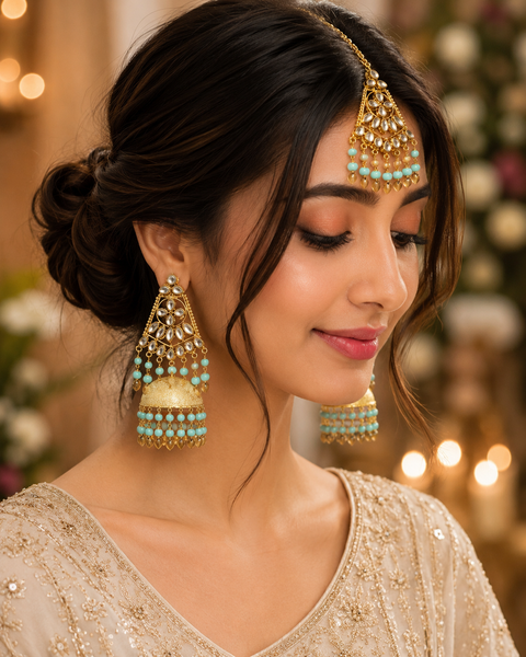 lime green kundan stone & peepal patti punjabi jhumka and tika set(slight variations in color and design is possible)