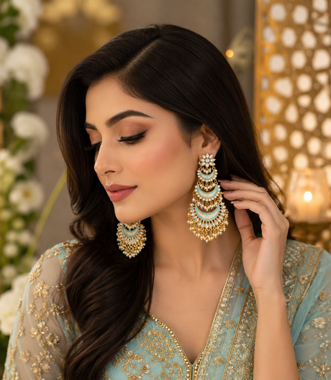 Pastel blue colour Mennakri work with kundan & Pearls chandbali earrings (slight variations in color and design is possible)