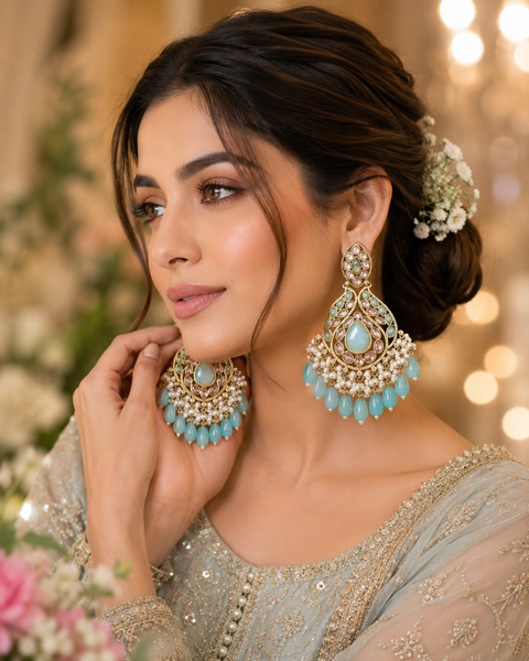 Original Polki with beautiful pearls heavy look Earrings with lite weight (slight variations in color and design is possible)