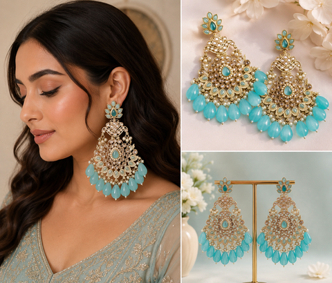 Original Polki with beautiful pearls heavy look Earrings with lite weight (slight variations in color and design is possible)