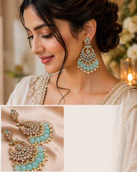 Original Polki with beautiful pearls heavy look Earrings with lite weight (slight variations in color and design is possible)