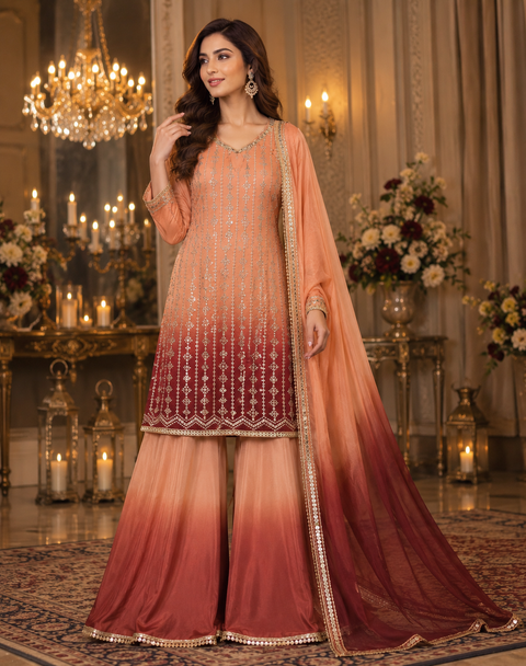 Ombré shades Georgette based sequined and embroidery work kameez with sharara pants and Georgette dupatta  (slight variation in color and design is possible)