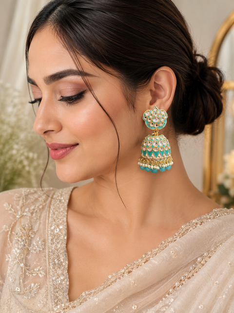 Bigger size Kundan Stone With Pearls Work Beautiful Meenakari Jhumka(slight variations in color and design is possible)