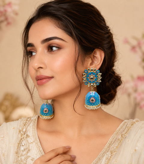 Meenakari with kundan stone studded beautiful Jhumka (slight variations in color and design is possible)