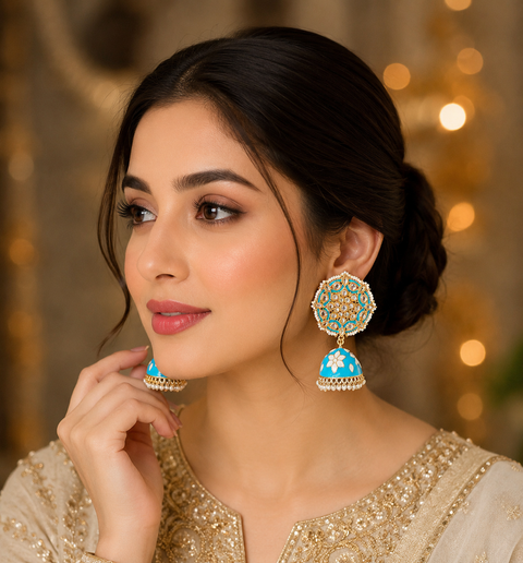 Meenakri work with Kundan & pearl jhumka (slight variations in color and design is possible)