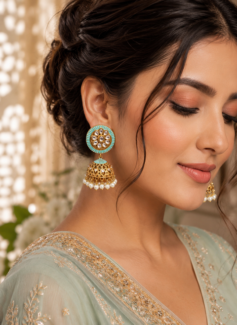 Kundan Stone With Pearls Work Beautiful Meenakari Jhumka (slight variations in color and design is possible)