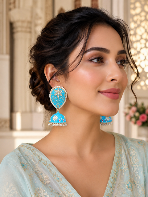 Meenakri work with Kundan & pearl jhumka