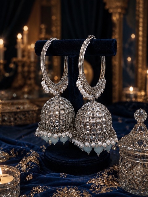 Silver stone with pearls work beautiful Jhumka Balian big size (slight variations in color and design is possible)