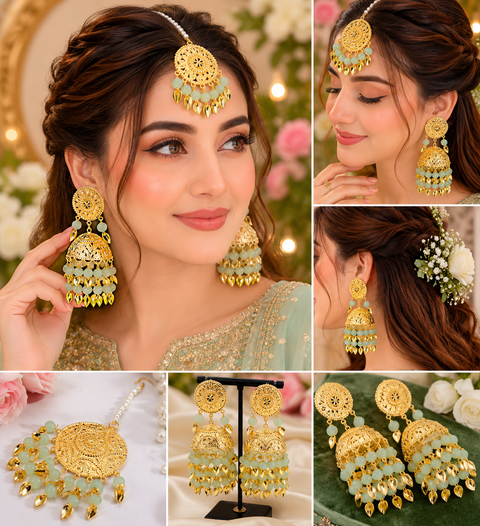 Punjabi Ice Blue Color Jadau Earrings with Tikka Set light Weight (slight variations in color and design is possible)