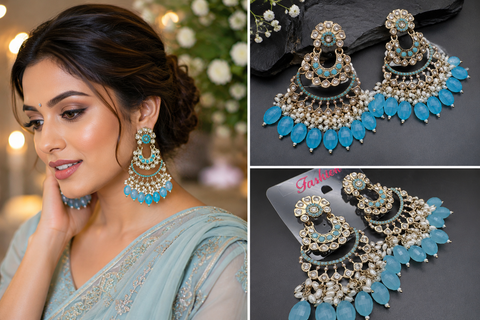 Beautiful Kundan & Pearls work bigger earrings (very lite weight) (slight variations in color and design is possible)