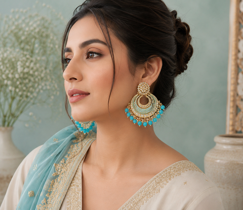 Pastel Blue Colour Mennakri Work With Kundan & Pearls Chandbali Earrings (slight variations in color and design is possible)