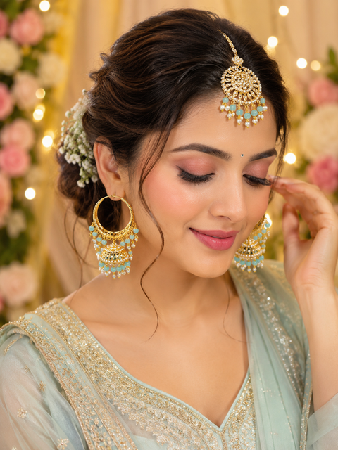 PAstel blue pearls work Jadau work Beautiful jhumka balian with tikka set (slight variations in color and design is possible)
