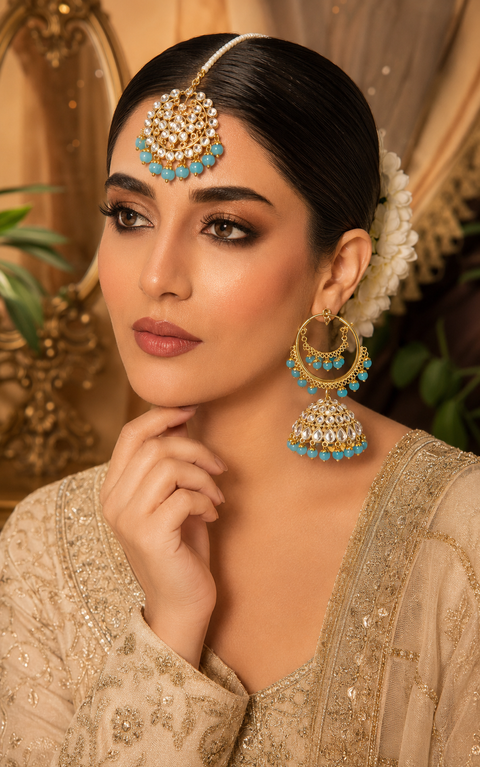 Skyblue Pearls with Kundan stone beautiful jhumka balian with tikka (slight variations in color and design is possible)
