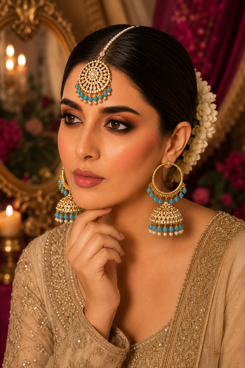 Skyblue colour pearls work Jadau work Beautiful jhumka balian with tikka set(slight variations in colour and design is possible)