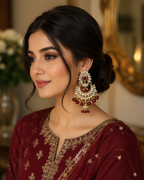 Kundan with beautiful pearls heavy look Earrings(slight variations in color and design is possible)