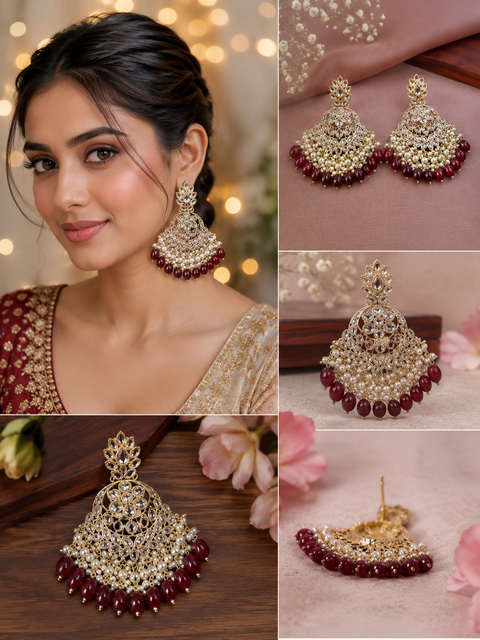 Kundan with beautiful pearls heavy look Earrings (slight variations in color and design is possible)