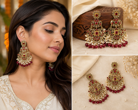 Original Polki with beautiful pearls heavy look Earrings with lite weight (slight variations in color and design is possible)