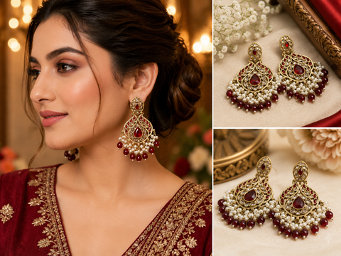 Original Polki with beautiful pearls heavy look Earrings with lite weight  (slight variations in color and design is possible)
