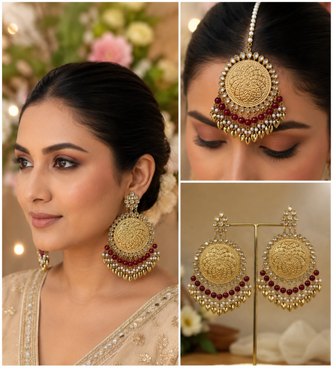 Maroon with kundan gold plated (artificial) round Pipal Patti punjabi earrings & tikka set (slight variations in color and design is possible)