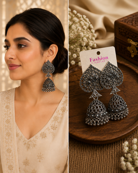 Beautiful oxidised bigger jhumka (slight variations in color and design is possible)