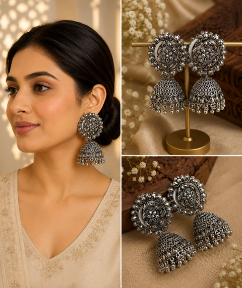 Beautiful oxidised bigger jhumka (slight variations in color and design is possible)