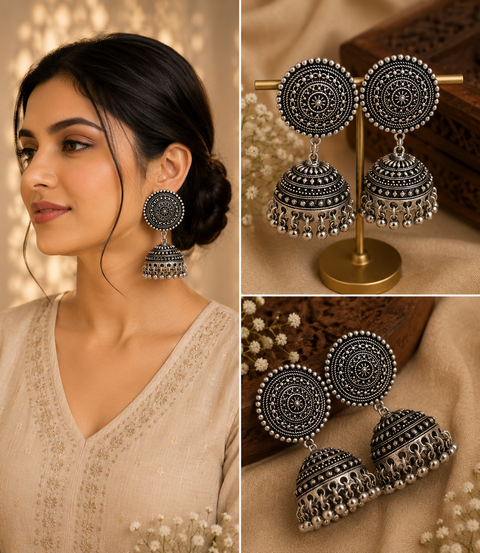 Beautiful oxidised bigger jhumka (slight variations in color and design is possible)