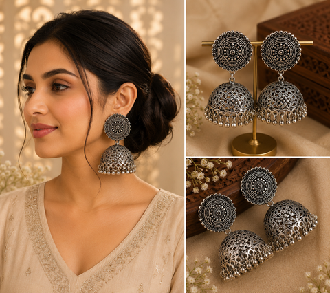 Beautiful oxidised bigger jhumka (slight variations in color and design is possible)
