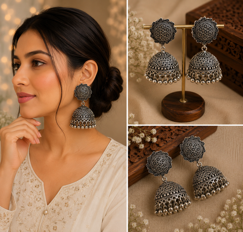 Beautiful oxidised bigger jhumka (slight variations in color and design is possible)