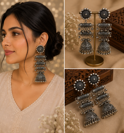 Beautiful oxidised bigger jhumka (slight variations in color and design is possible)