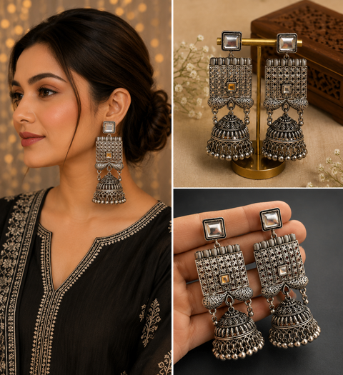 Beautiful oxidised bigger jhumka (slight variations in color and design is possible)