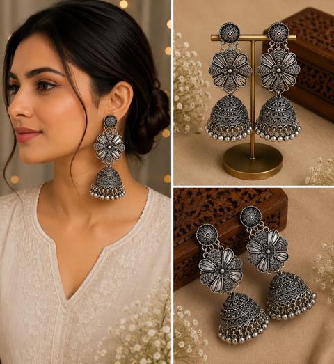 Beautiful oxidised bigger jhumka (slight variations in color and design is possible)