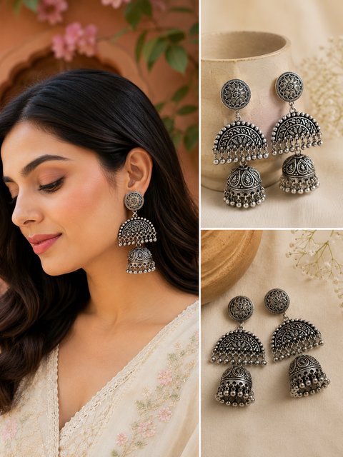Beautiful oxidised bigger earrings (slight variations in color and design is possible)