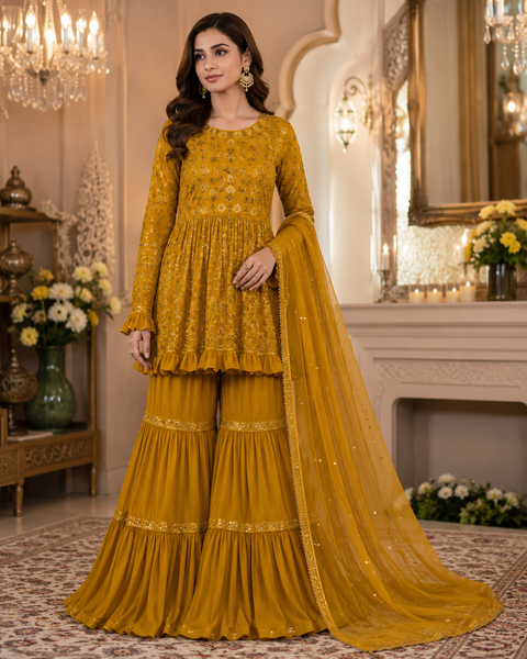 Honey Colour Chiffon Based All Over Embroidery Work Flared Kameez & Pure georgette sharara with netting based embroidery Work heavy Dupatta (slight variation in color & design is possible)