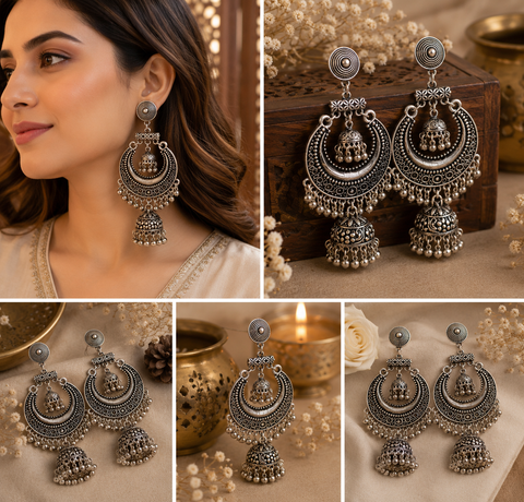 Beautiful oxidised bigger jhumka (slight variations in color and design is possible)
