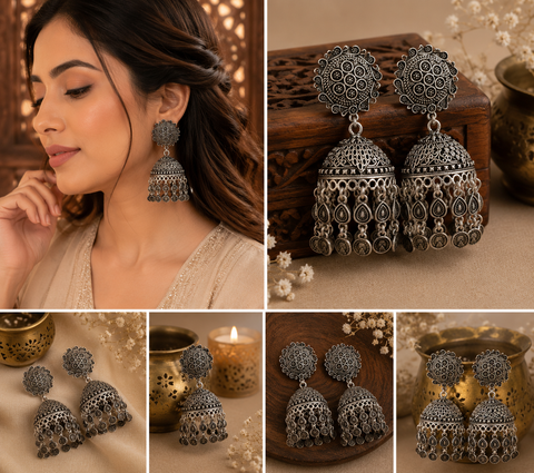 Beautiful oxidised bigger jhumka (slight variations in color and design is possible)