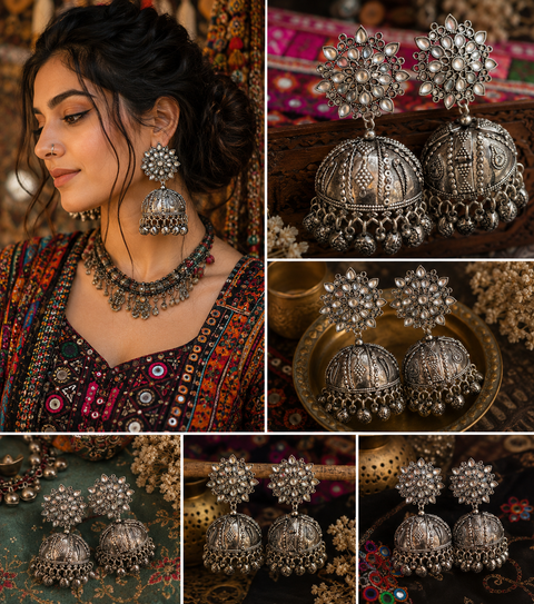 Beautiful oxidised bigger jhumka (slight variations in color and design is possible)