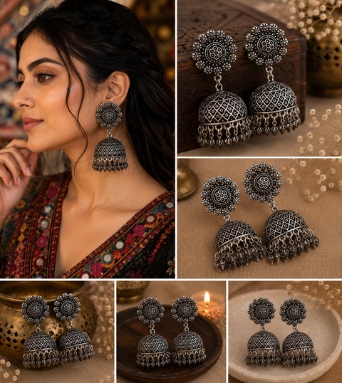 Beautiful oxidised bigger jhumka (slight variations in color and design is possible)