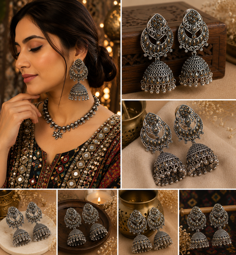Beautiful oxidised bigger jhumka (slight variations in color and design is possible)