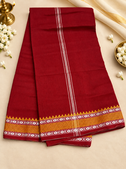 Traditional men’s cotton dhoti in a rich dark maroon shade, featuring an elegant golden woven border. Ideal for poojas, religious ceremonies, and traditional occasions, (around 5 meters) Pair with a Gamcha for gifting to Pandit Ji.