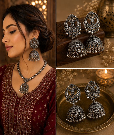 Beautiful oxidised bigger jhumka (slight variations in color and design is possible)