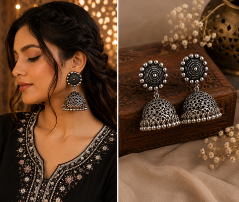 Beautiful oxidised bigger jhumka (slight variations in color and design is possible)