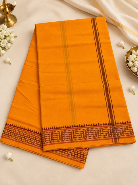Traditional men’s cotton dhoti in a rich dark maroon shade, featuring an elegant golden woven border. Ideal for poojas, religious ceremonies, and traditional occasions, (around 5 meters) Pair with a Gamcha for gifting to Pandit Ji.